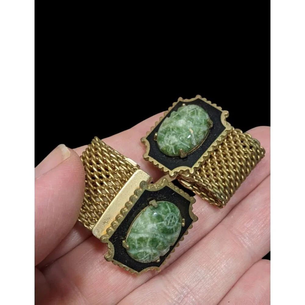 Vintage Anson Egyptian Revival Hand Carved Jade Scarab Cufflinks